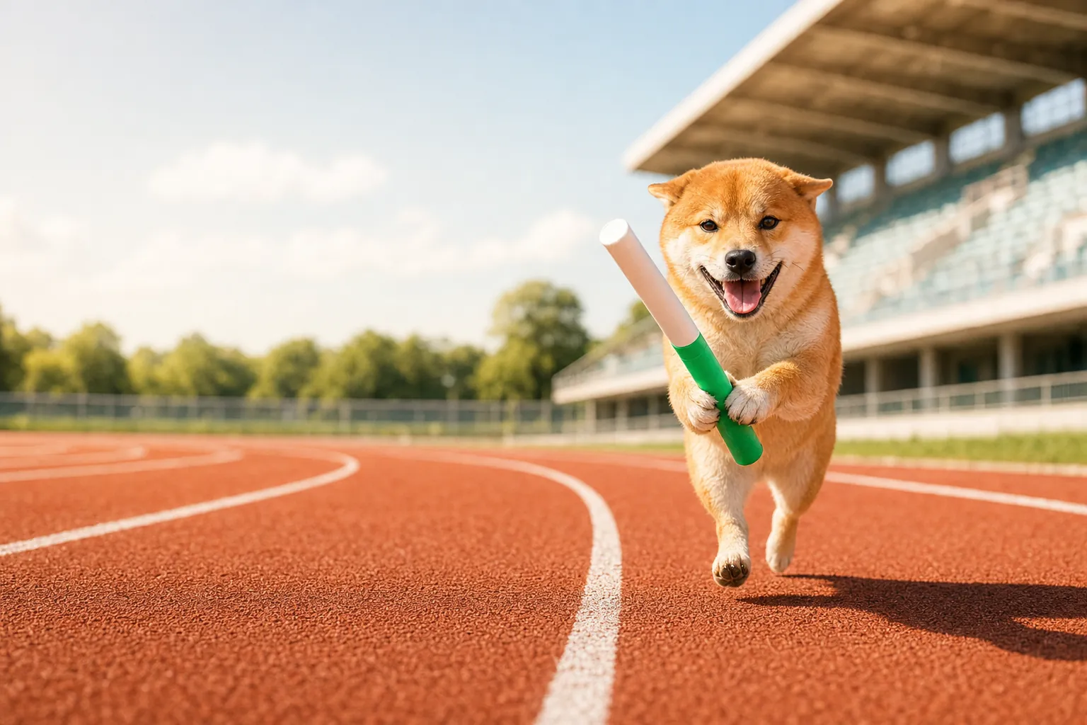 The baton shiba running down the sunny track with the baton held in his front paws