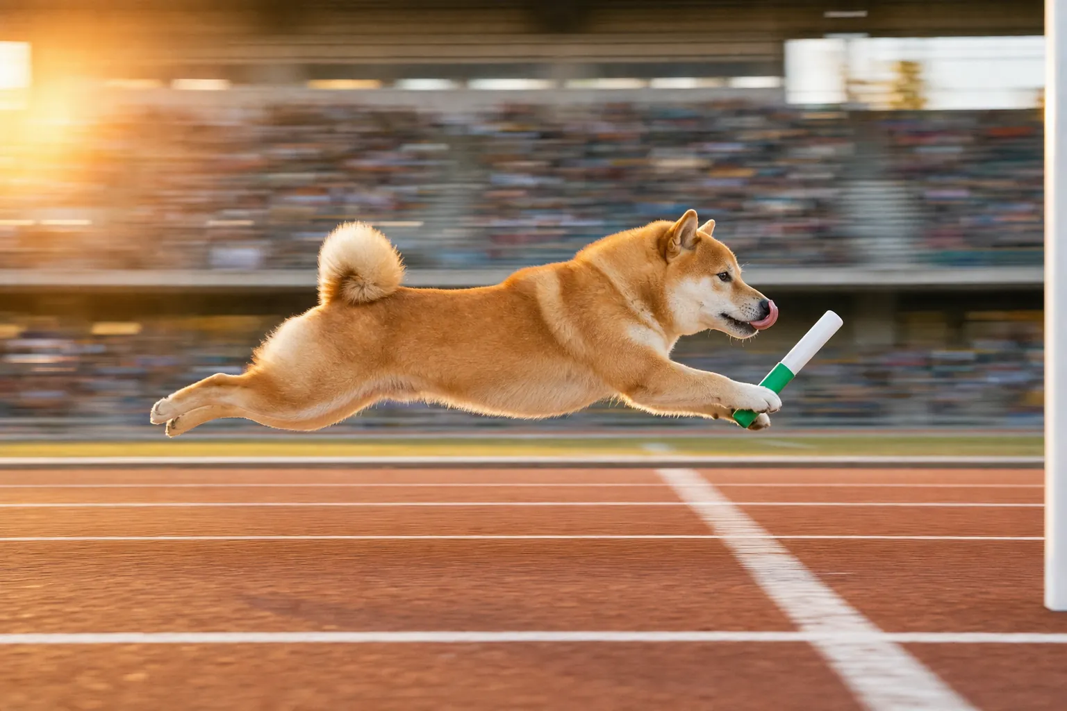 Photo finish: the baton shiba flies over the line with his tongue out and the baton in his front paws