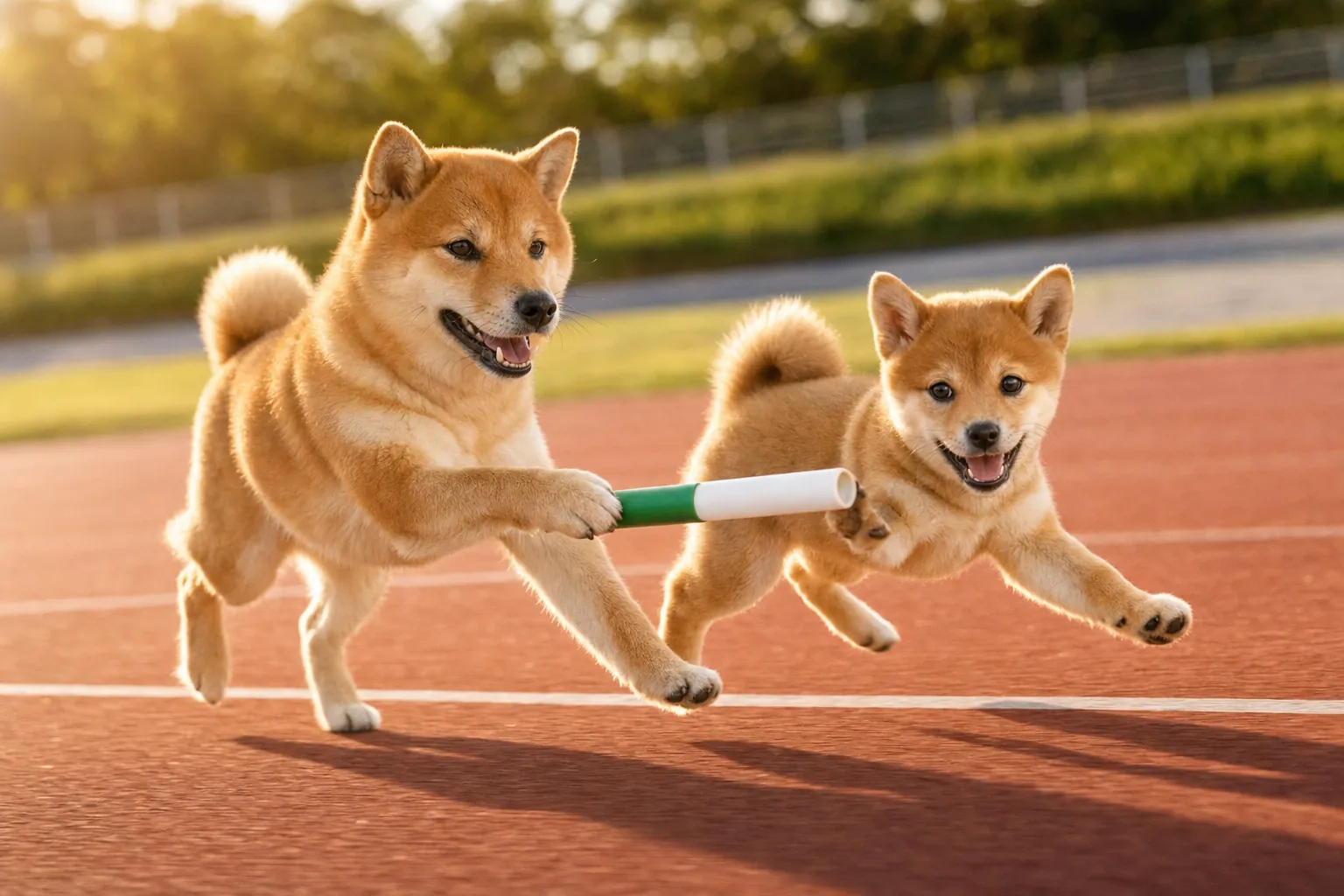 The baton shiba passing the baton to Tiny, a small shiba puppy, on the track at sunset