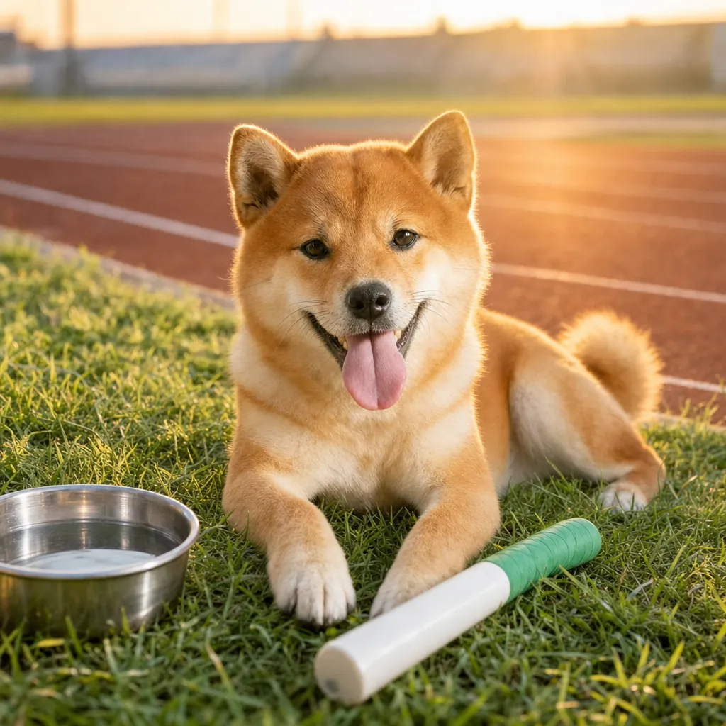 The baton shiba lying on the grass with his tongue out, a water bowl and the baton next to him