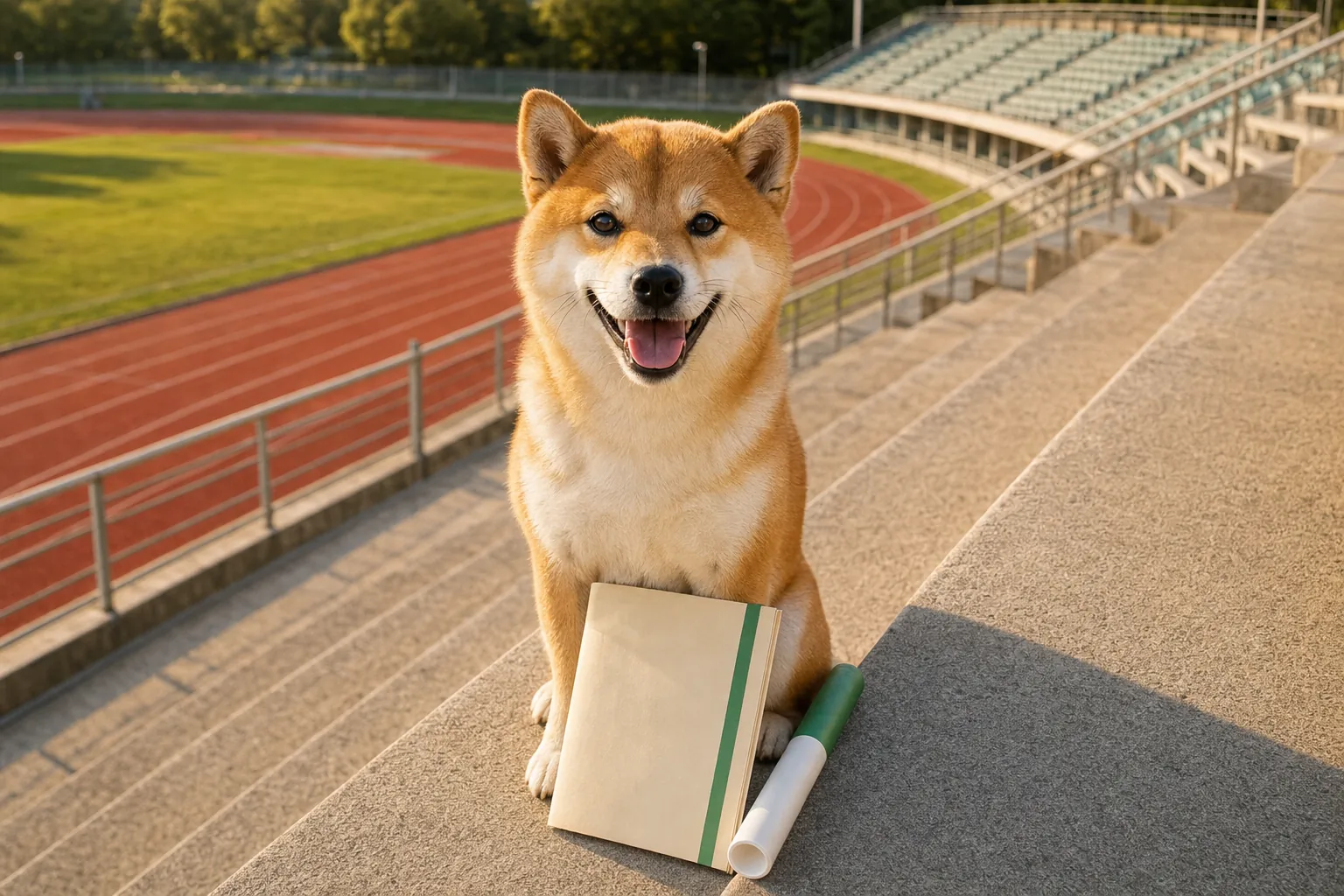 The baton shiba sitting on the stadium steps, smiling, with the race programme and his baton beside him